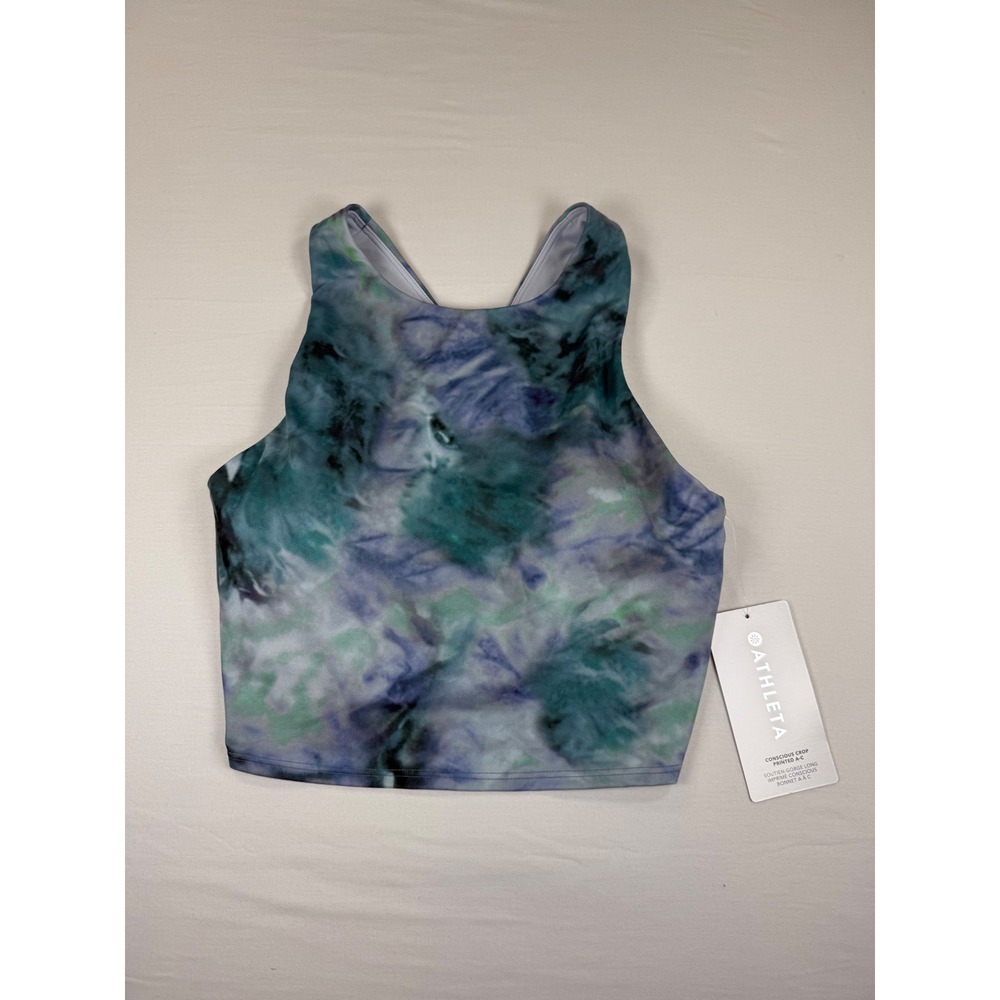 Athleta Conscious Crop Printed A-C Sports Bra Tank Blue Green Tie Dye small